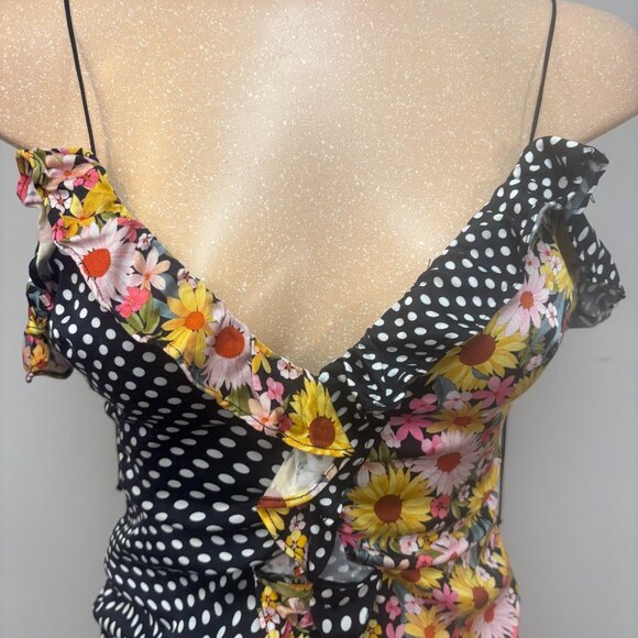 For Love & Lemons Dress Medium Mochi Shirred Ruffled V Neck Floral Polka Dot - Picture 7 of 14